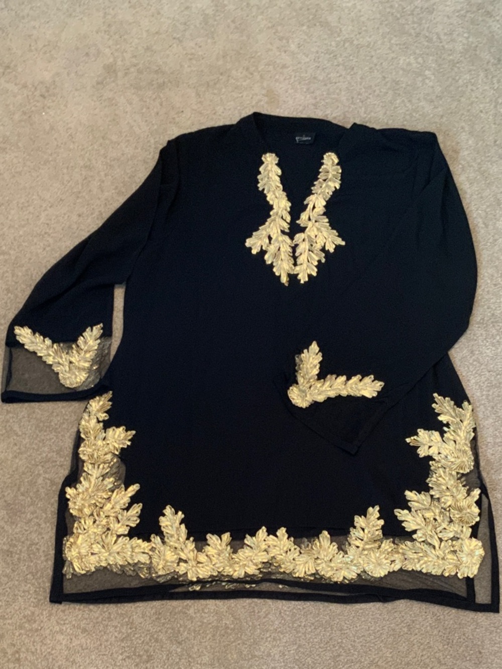Black Tunic Top with Gold Embroidered Appliqué